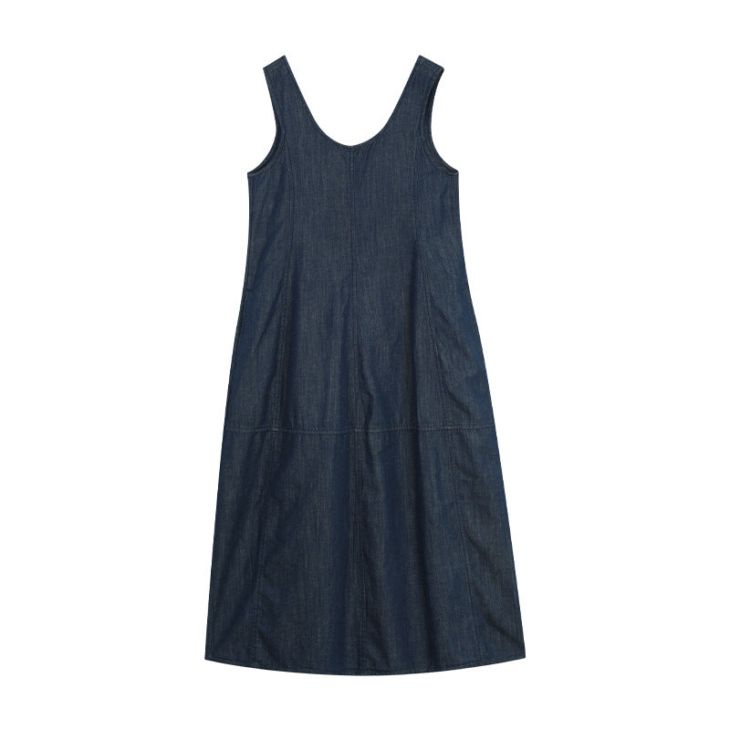 Dame Denim Maxikjole med elegant V-hals og flydende snit Stilla
