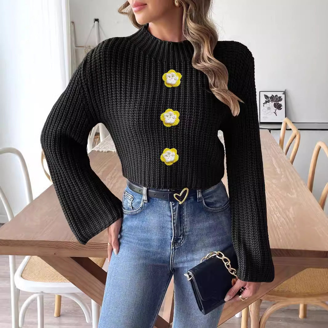 Dame hæklede pullover med høje ribdetaljer og pyntede knapper Stilla