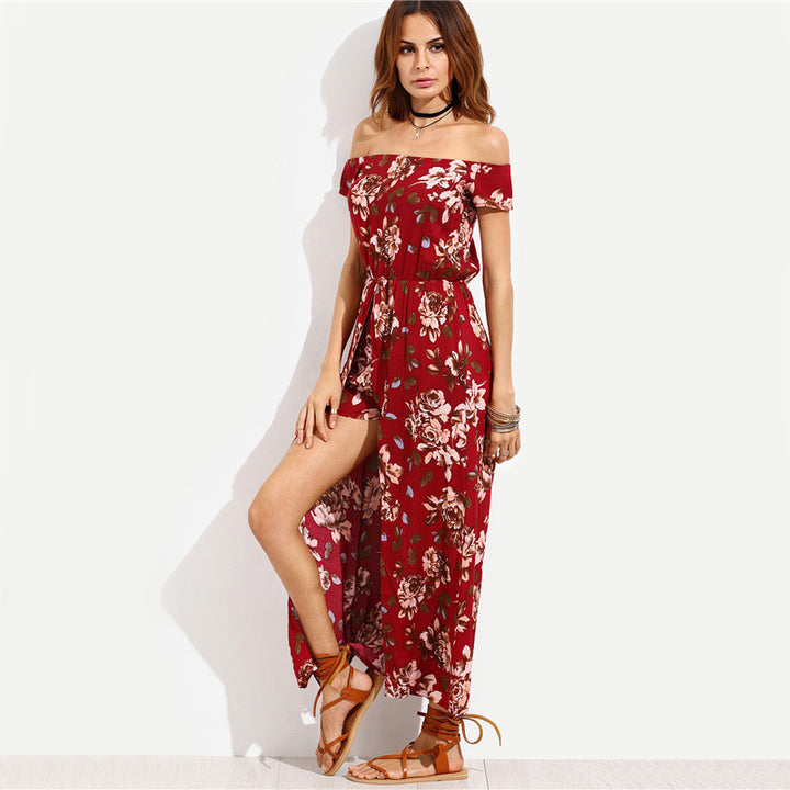 Dame Off-Shoulder Maxikjole med floral design og høj split Stilla
