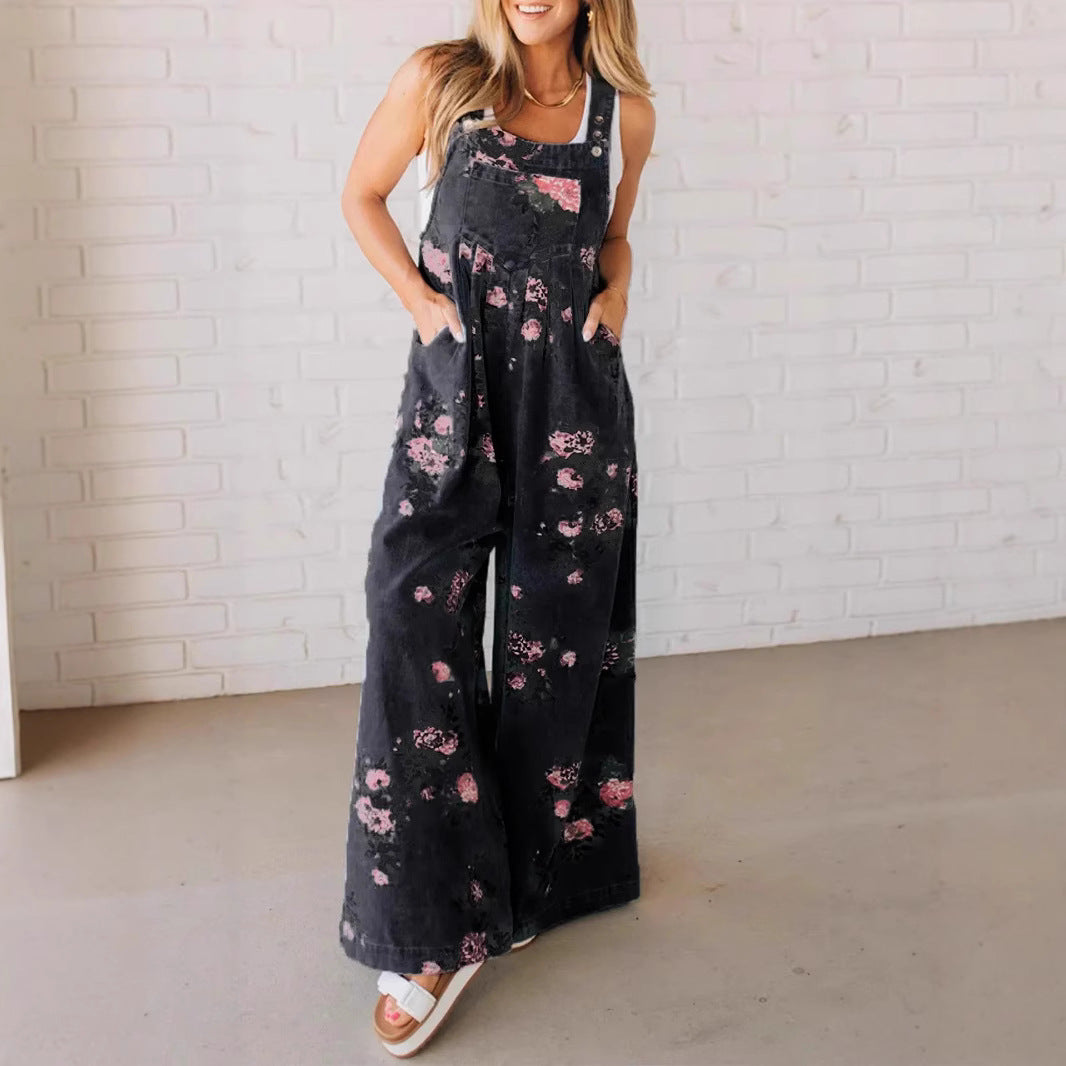 Dame Jeans-Overall med blomstret design og bred ben Stilla