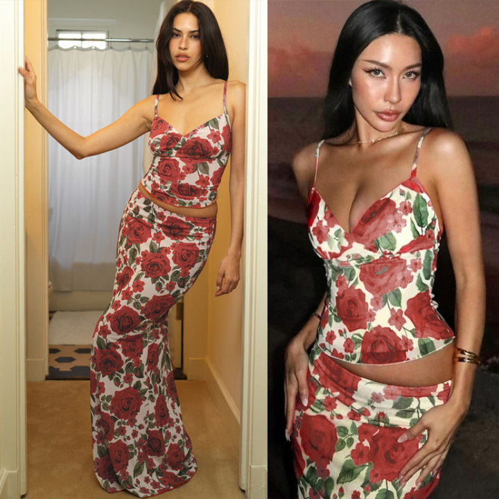 Dame Floral Print Spaghetti-Rem Zuitdeler Sæt Stilla