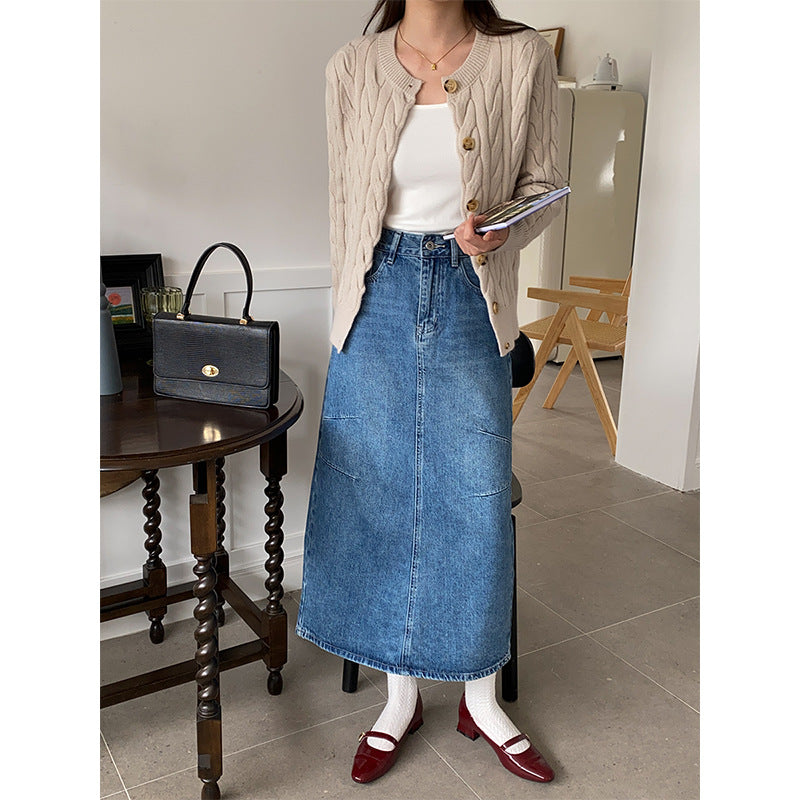 Dames Lang Denim Nederdel med Fashionable Lommer Stilla