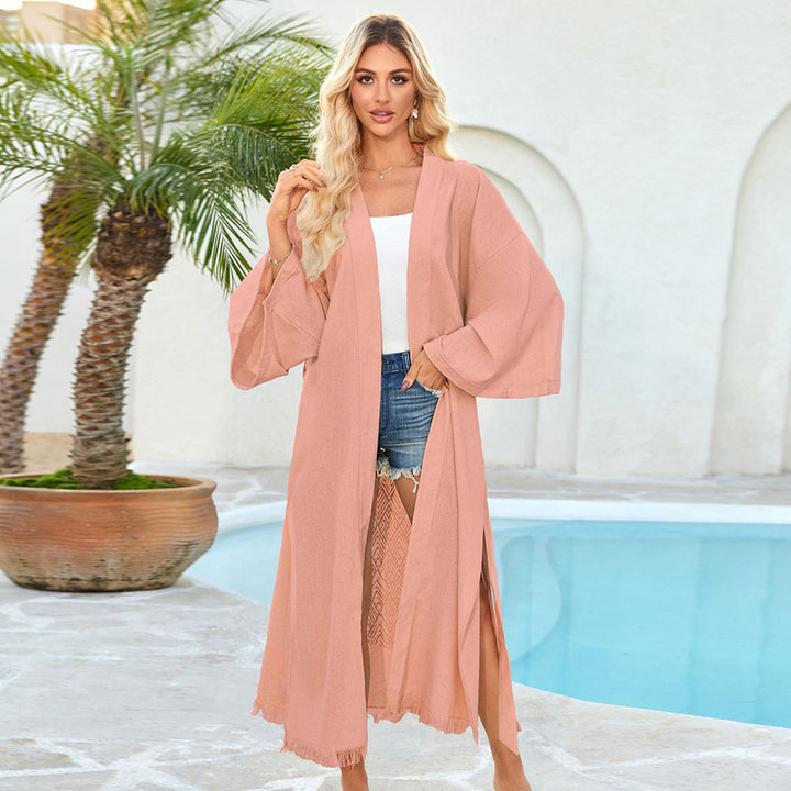Damer luftig strandkimono med elegant snit og frynset accenter Stilla