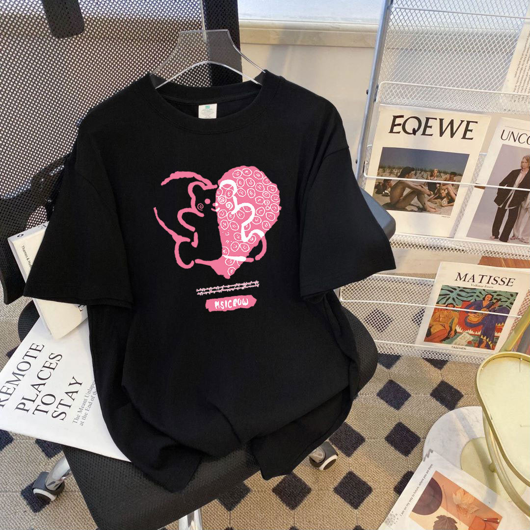 Dame T-shirt med kreativt hjerte- og dyremotiv Stilla
