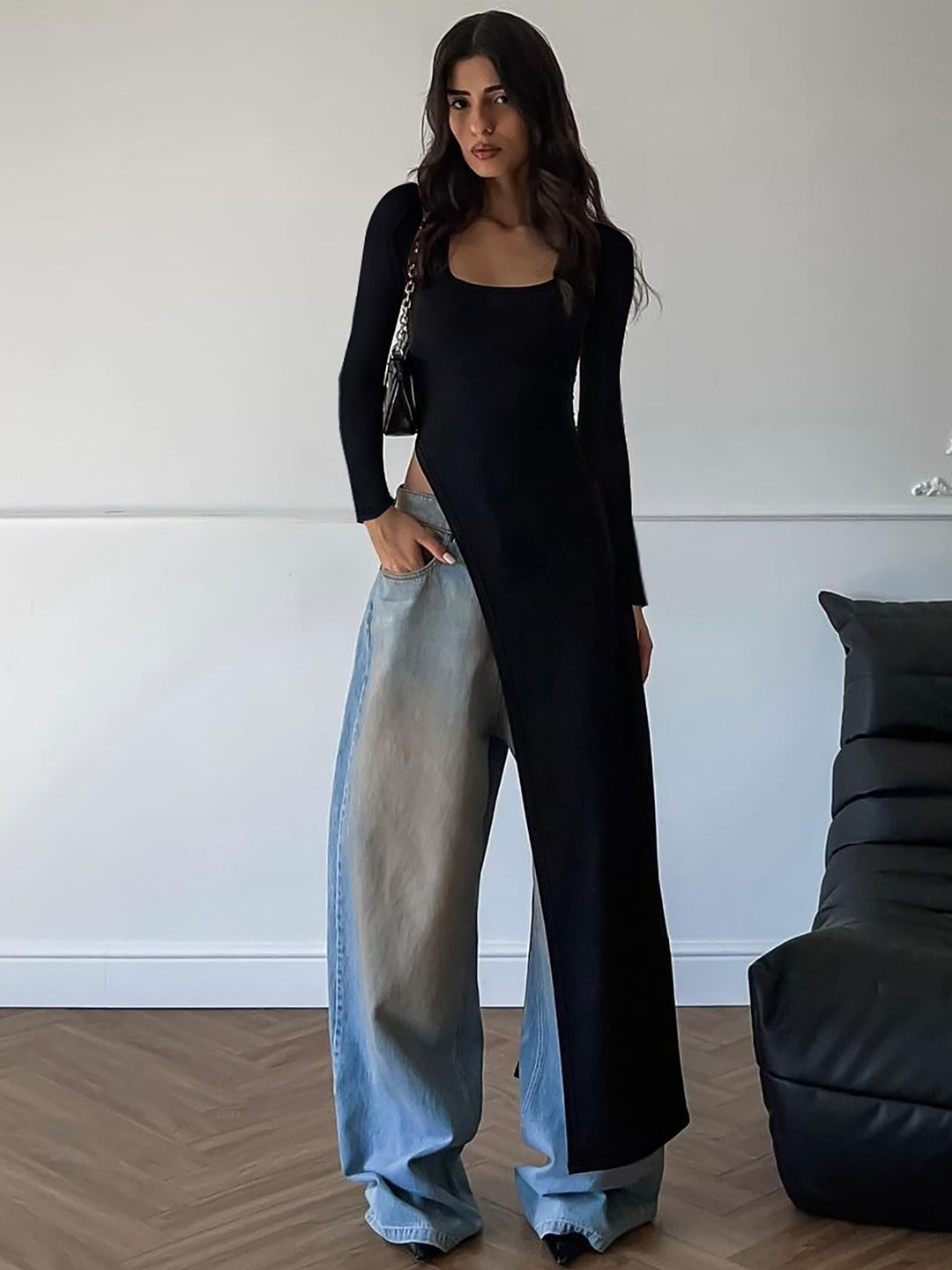 Dame Elegant Maxikjole med et raffineret sidelæg og lange ærmer Stilla