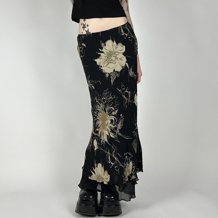 Dame Elegant Maxiskørt med blomsterprint og transparent baggrund Skovae