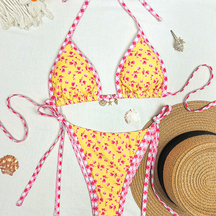 Dame Triangel-Bikini med blomsterdesign og flæse Skovae
