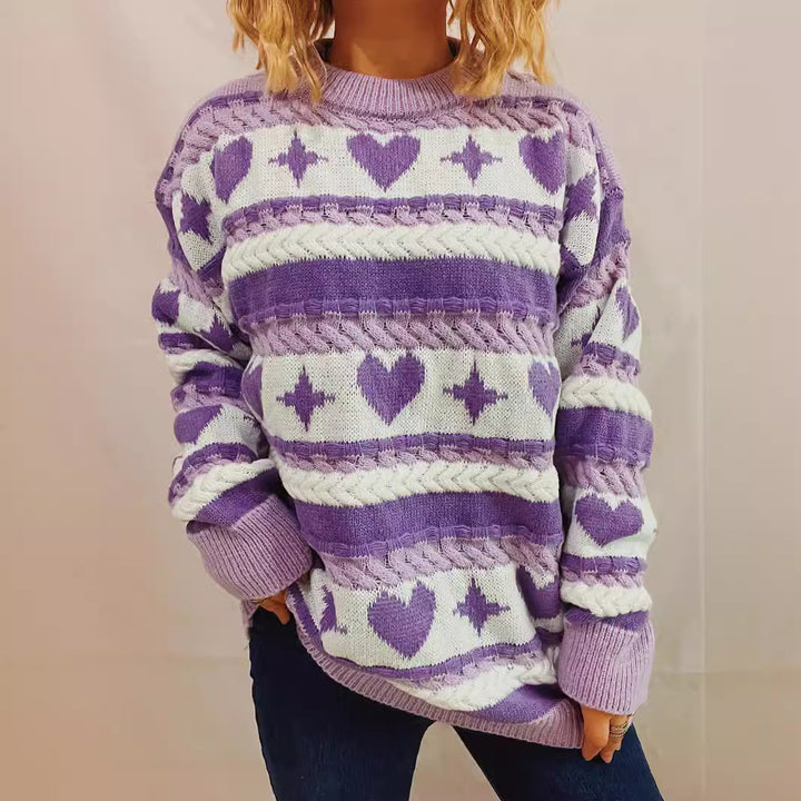 Kvindernes chunky strikkede sweater med hjerteformet mønster og brede striber Stilla
