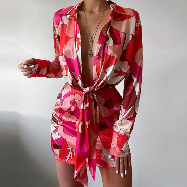Dame Elegant Wrap Kjole med blomsterdesign og lange ærmer Stilla