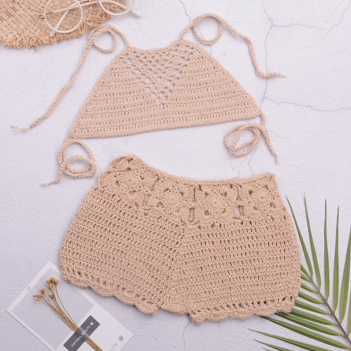 Dame håndcrochet bikini-top med matchende shorts Stilla