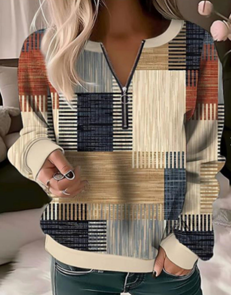 Kvinders sweatshirt med geometrisk grafisk design og høj krave lynlås Stilla