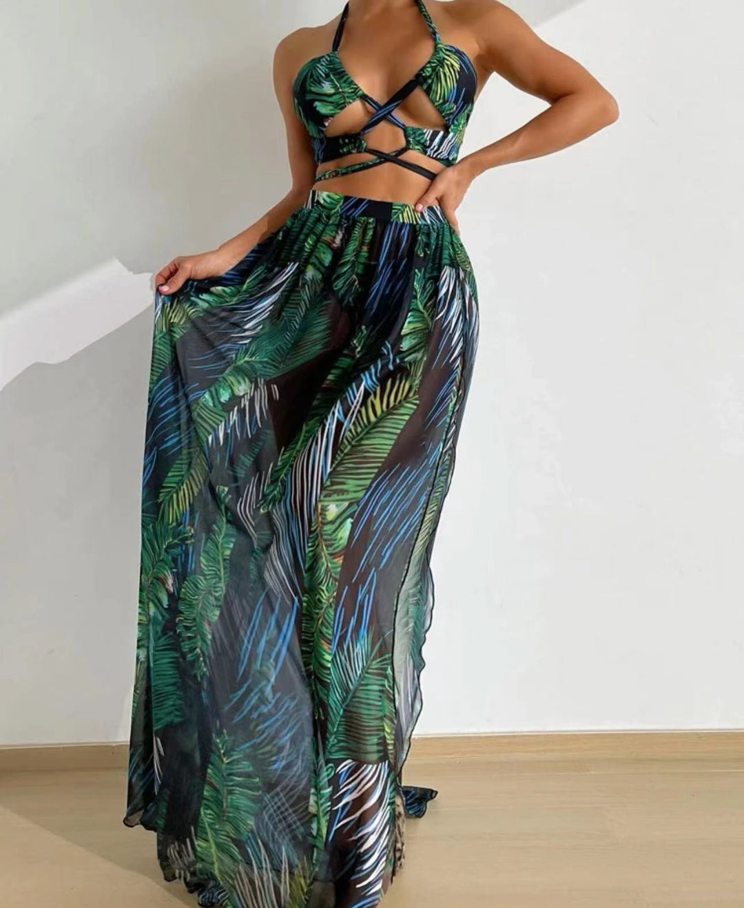 Dame Tropisk Print Maxi Kjole Sæt med Cut-Out Top Stilla