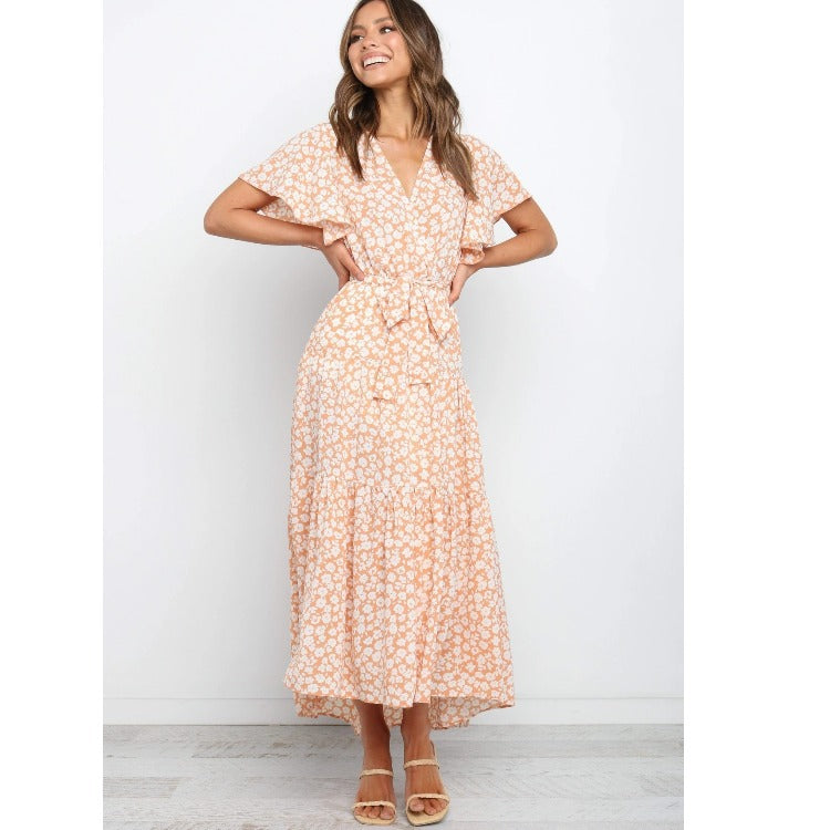 Femme Floral Vaffel Maxikjole med Flæser Stilla