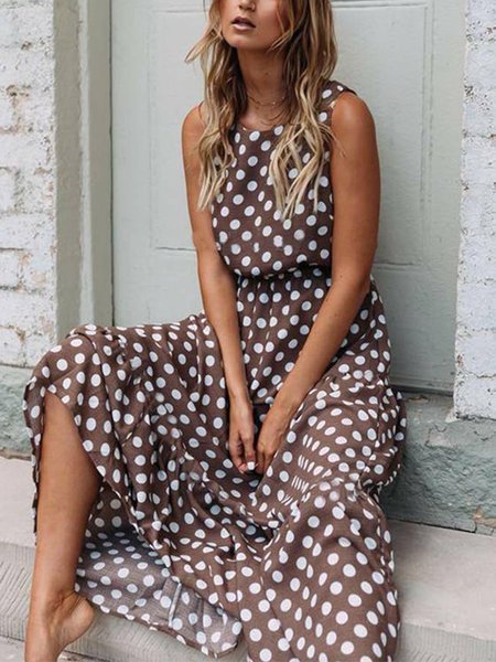Dame Polka-Dot-Maxikjole med sidelukninger Stilla