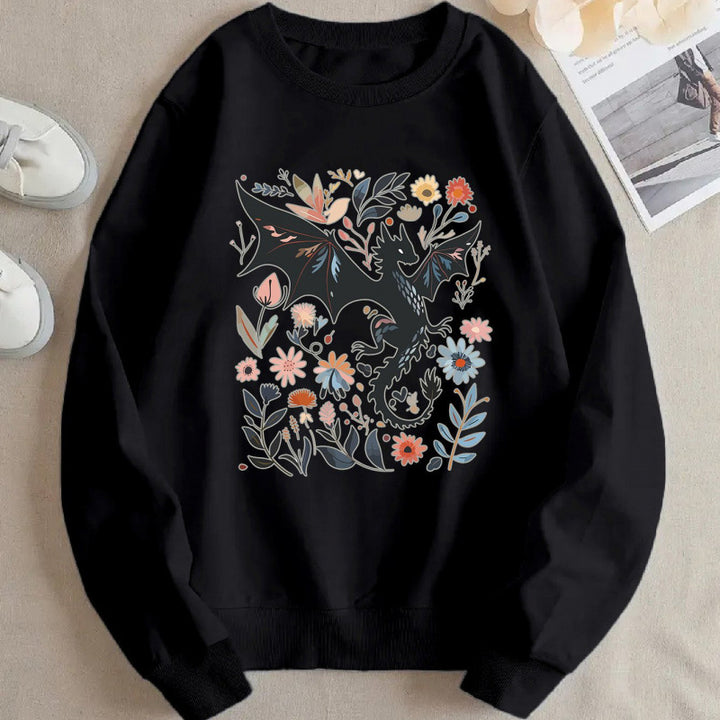 Kvinders sweatshirts med detaljeret drage- og blomstermotiv Stilla
