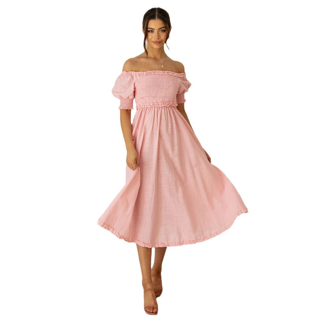 Women's Off-Shoulder Midi Dress with Airy Silhouette and Ruffle Details Skovae