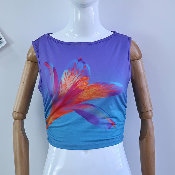 Dame ærmeløs crop-top med blomsterprint og tætsiddende snit Skovae