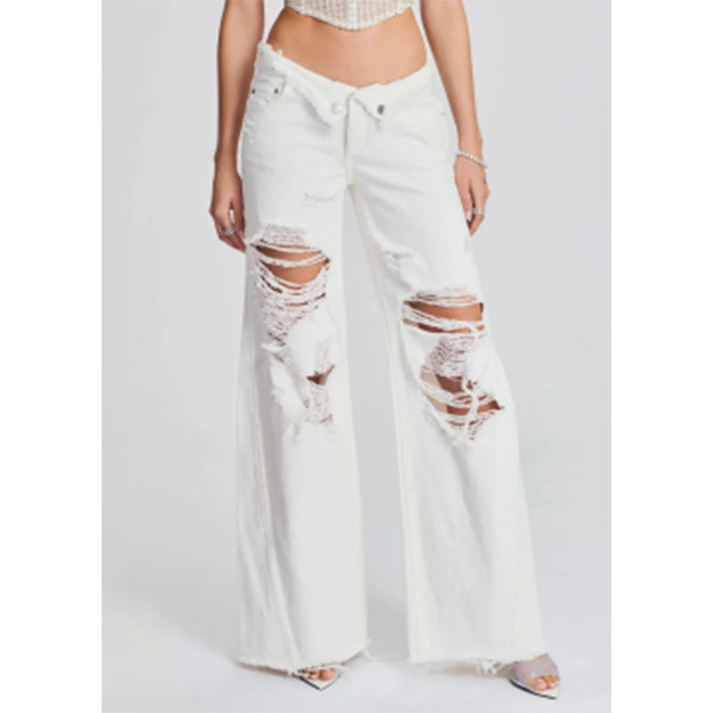 Dame Destroyed Wide-Leg Jeans med høj talje og iøjnefaldende Ripped-detaljer Stilla