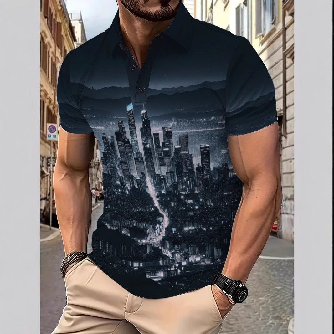 Herrer polo skorte med urban skyline print og åndbare egenskaber Stilla