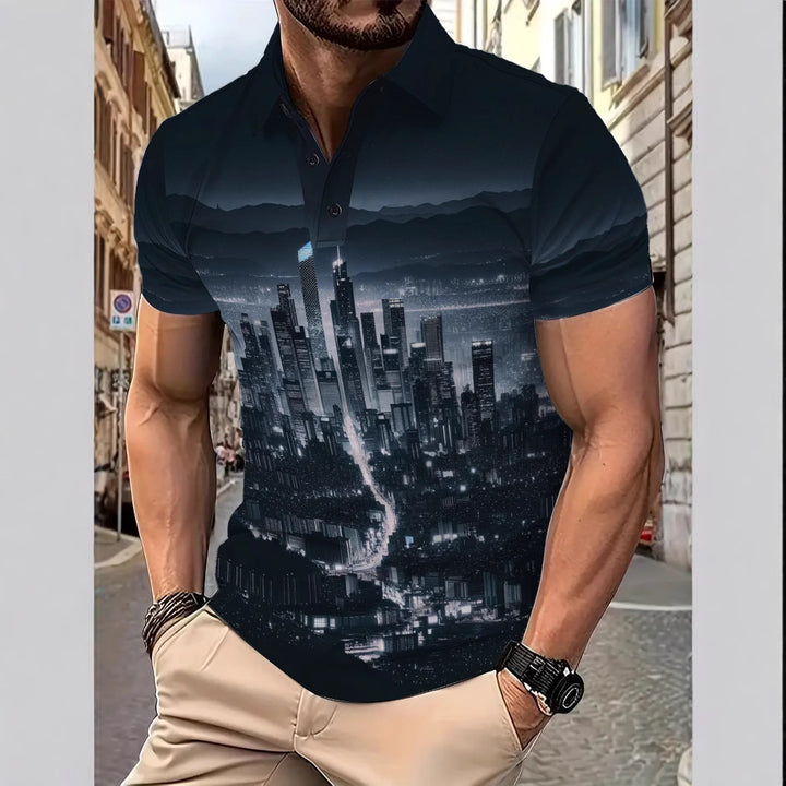 Herrer polo skorte med urban skyline print og åndbare egenskaber Stilla