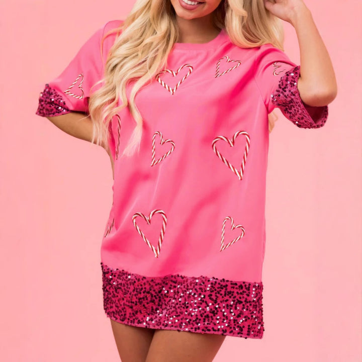 Dame Mode T-Shirt med glimmerdetaljer og hjerteapplikationer Stilla