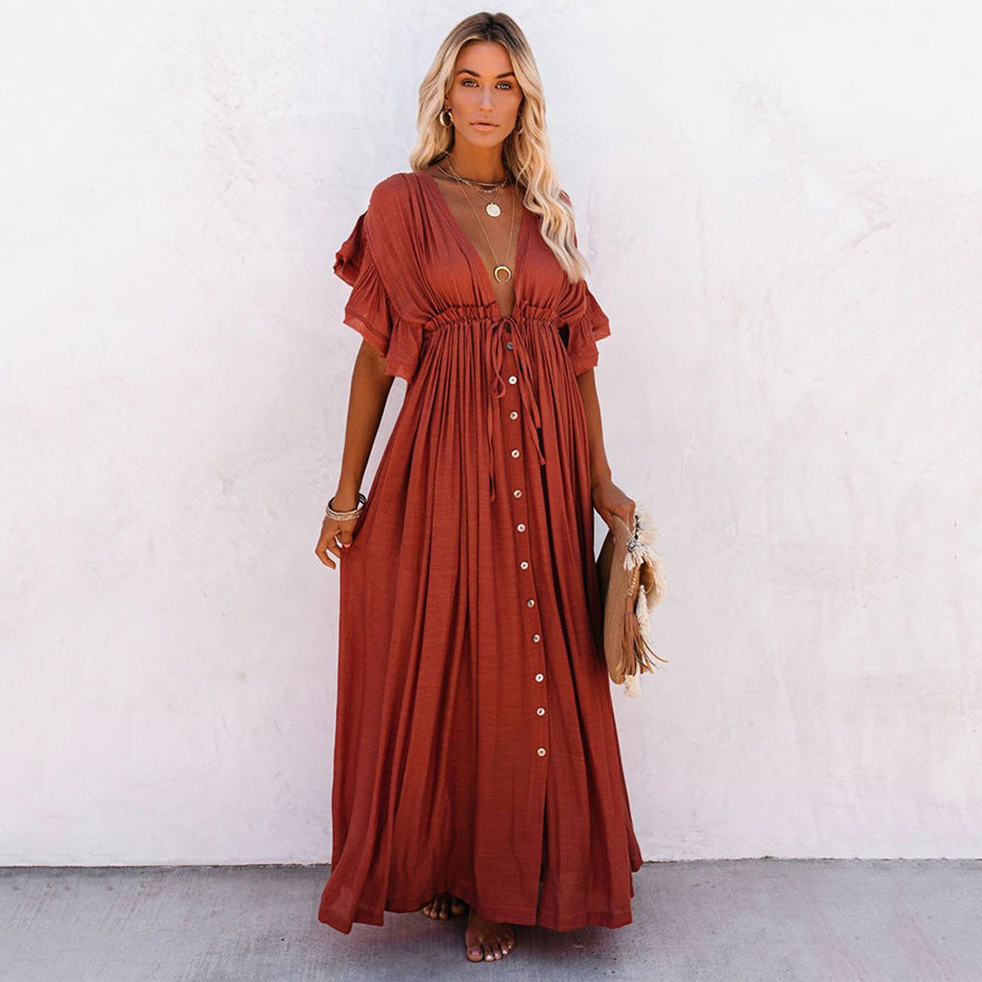 Dame Maxi-kjole med ruffles detaljer og praktiske lommer Stilla