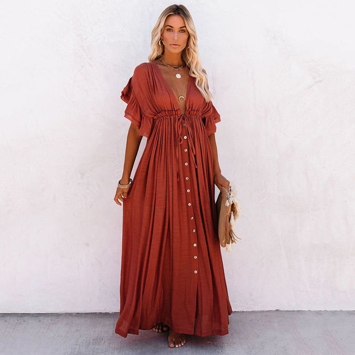 Dame Maxi-kjole med ruffles detaljer og praktiske lommer Stilla