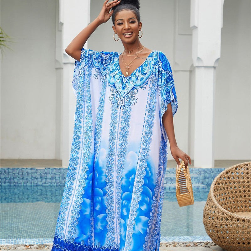 Dame Maxi-Kaftan med kunstnerisk azurmønster og elegant V-udskæring Stilla