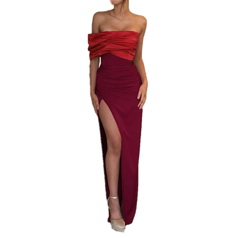 Dame off-the-shoulder aften kjole med elegant drapering effekt og høj slids Skovae