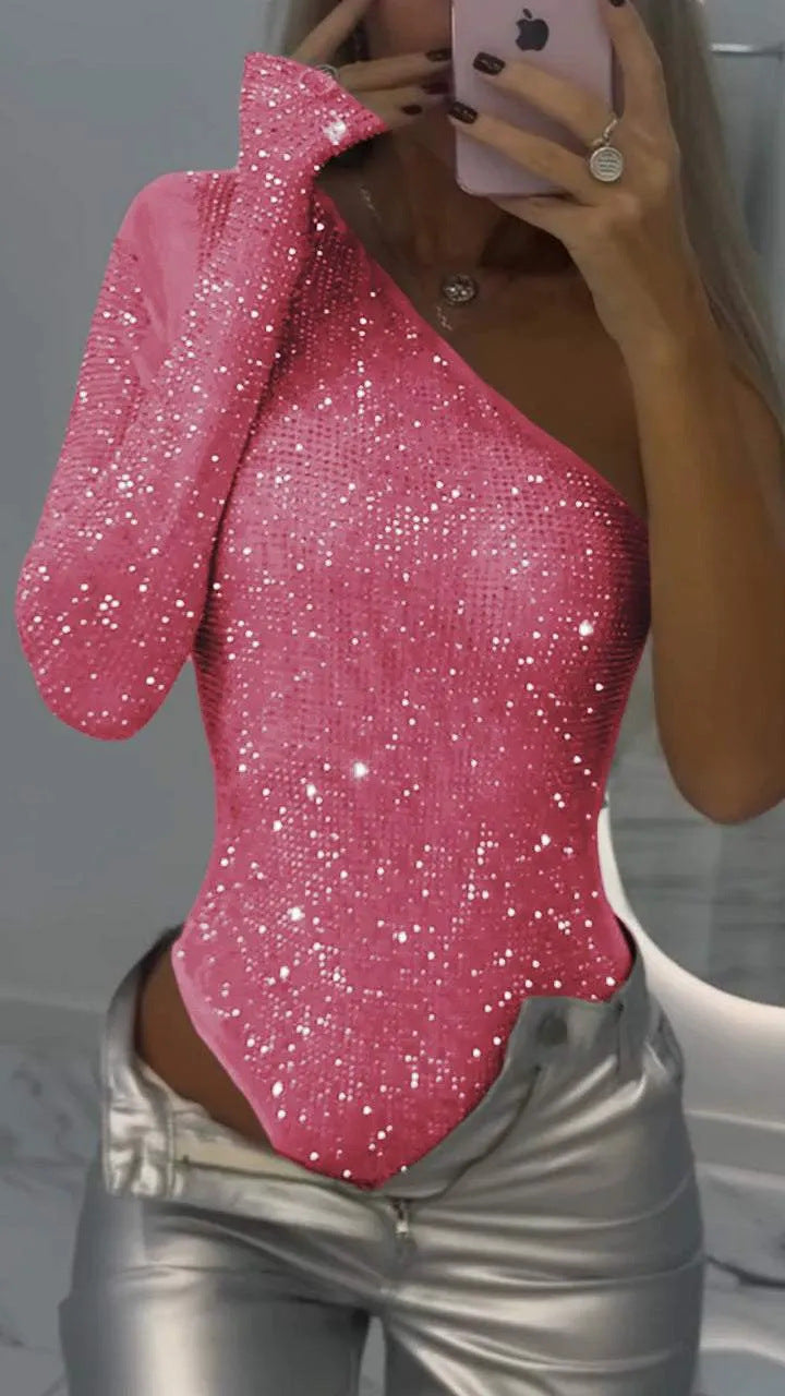 Dame Glitrende Bodysuit med asymmetrisk Udsnit og langærmet Stilla