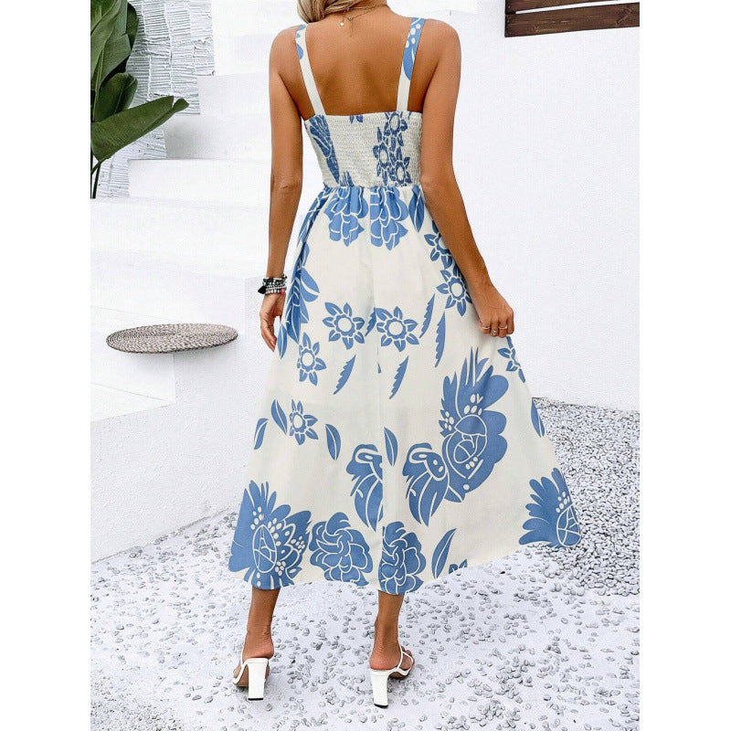 Dame Floral Print A-Line Midi Kjole med justerbare stropper Stilla
