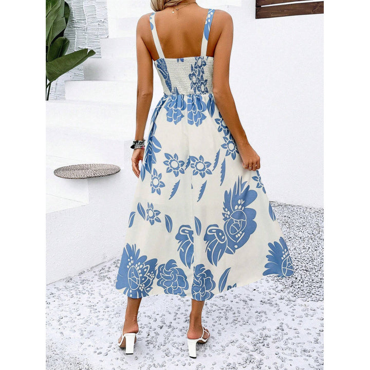 Dame Floral Print A-Line Midi Kjole med justerbare stropper Stilla