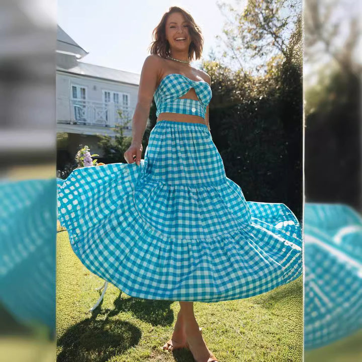 Ladies to-delt gingham stil sæt med crop top og voluminøs nederdel Stilla