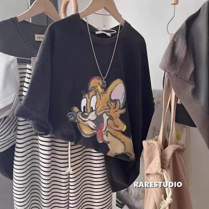 Dame T-Shirt med kreativt Jerry-motiv og afslappet pasform Stilla