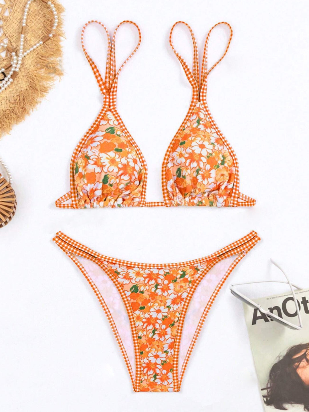 Dame bikini-sæt med blomstret design og ternet top Stilla