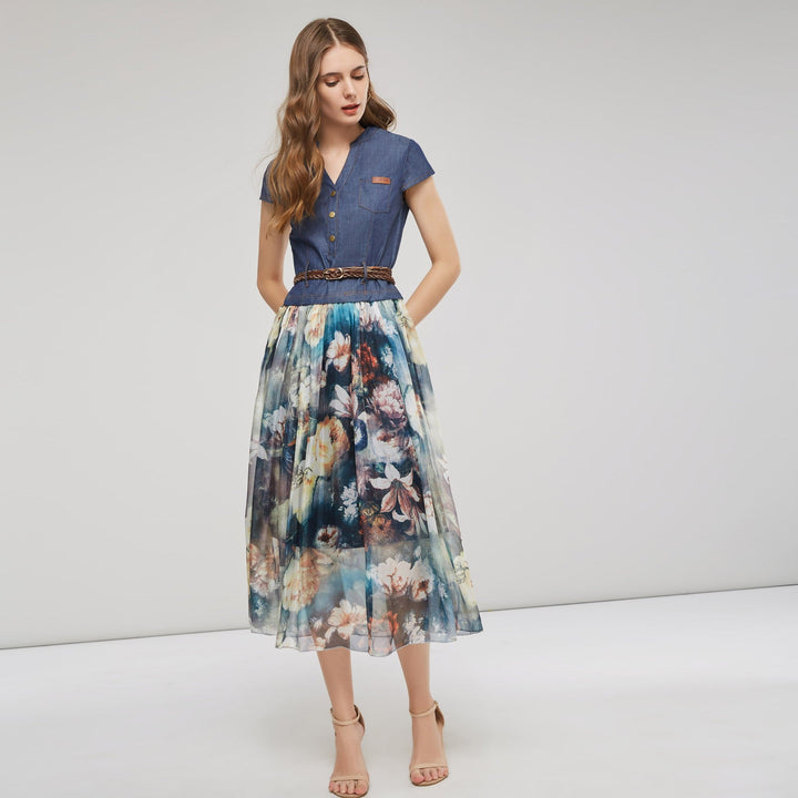 Stilla | Elegant Patchwork Print Stropkjole Midi Kjole
