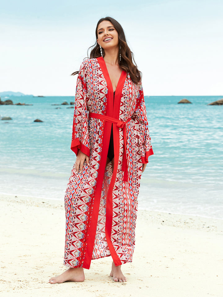 Dame Kimono-Style Strandovergangsrobe med kunstnerisk mønstermix Stilla
