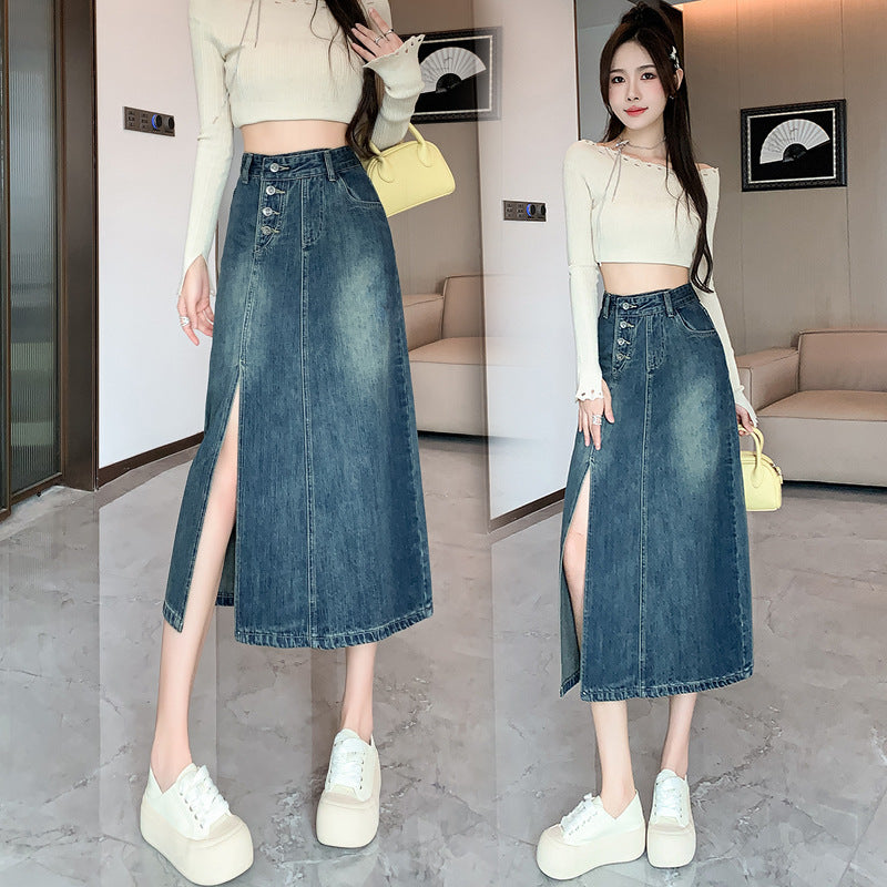 Kvinder Lang Denim Nederdel med Front Split Stilla