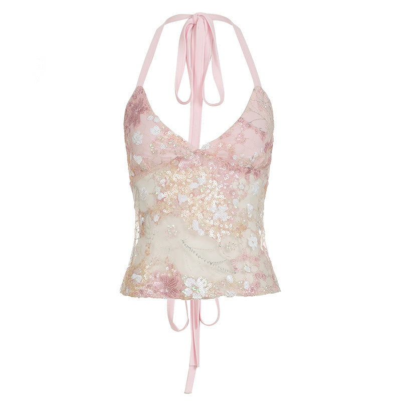 Dame spids-bandeau-top med blomsterapplikationer og justerbare stropper Skovae