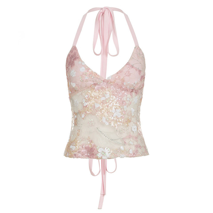 Dame spids-bandeau-top med blomsterapplikationer og justerbare stropper Skovae
