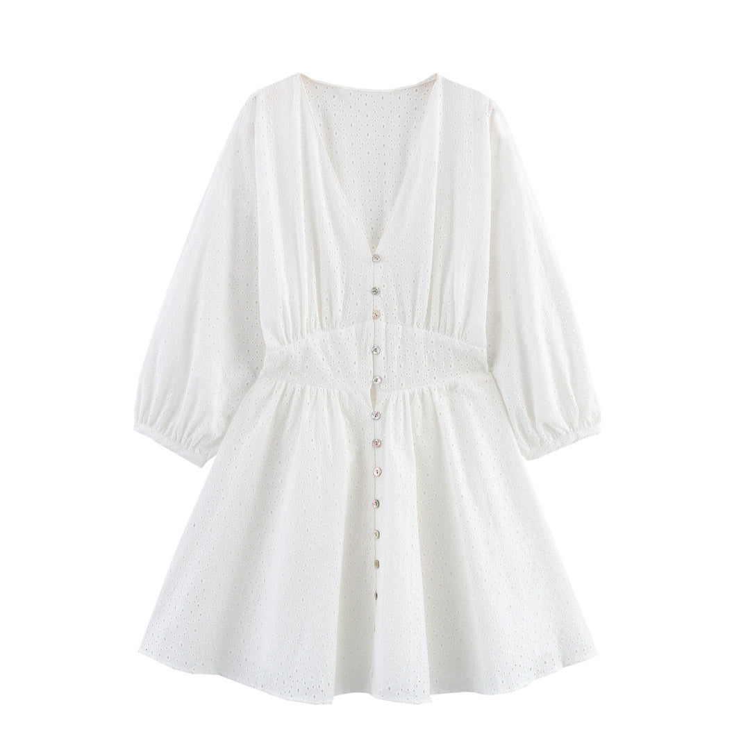 Femme Eyelet Button-Up Kjole med voluminøse ærmer Stilla