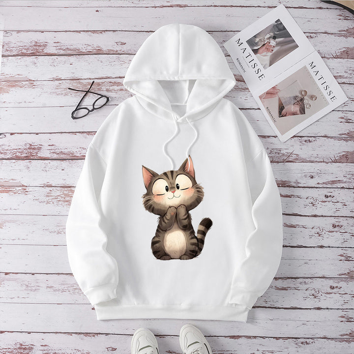 Kvindes Hoodie med Sødt Kattemotiv Skovae