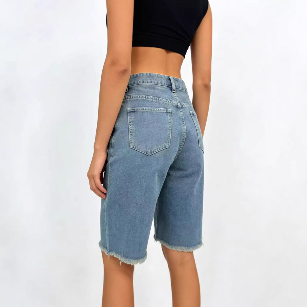 Dame afslappede denim-shorts med frayed kanter og høj talje Skovae