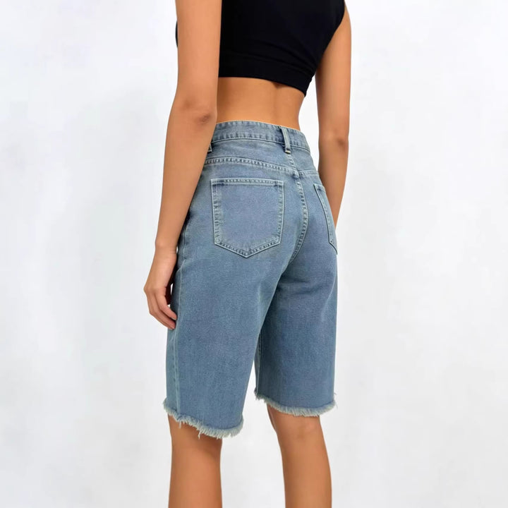 Dame afslappede denim-shorts med frayed kanter og høj talje Skovae