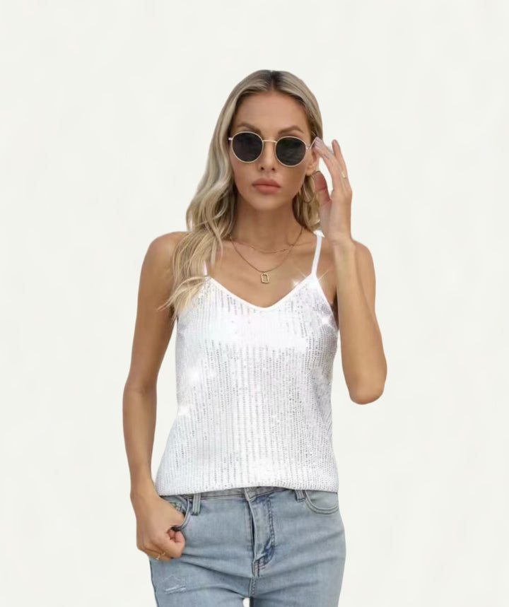 Dame glitrende spaghetti-stropbluse med glitrende tekstur og moderne snit Stilla