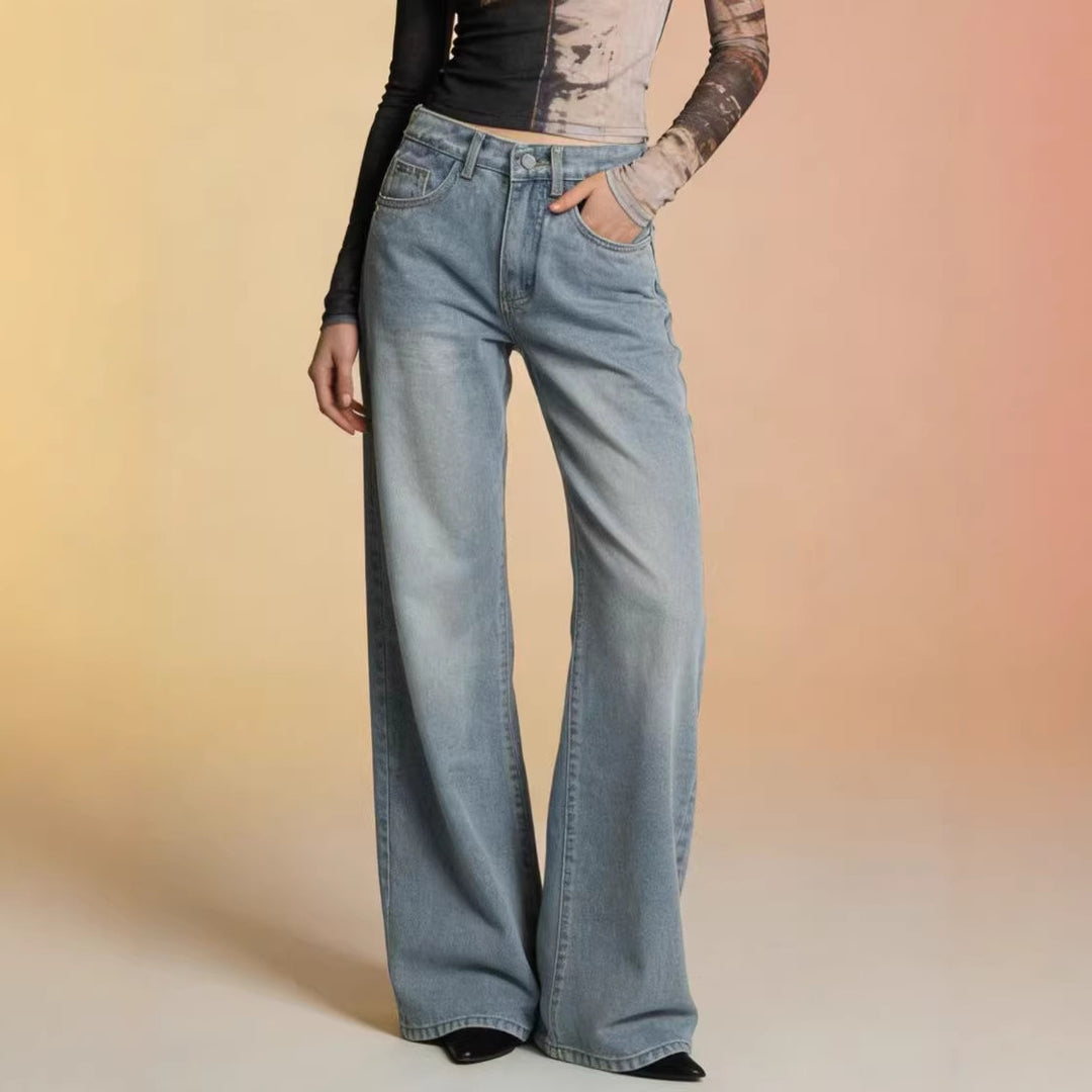 Dame bredde Denim-bukser med vintage-vask og høj talje Skovae