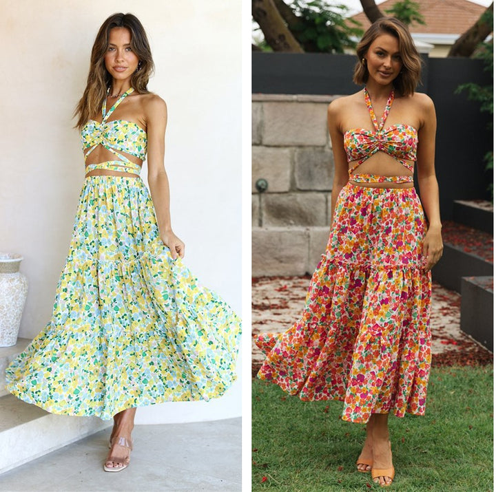 Femme Cut-Out Blumen Crop Top og Maxi Nederdel Sæt Stilla