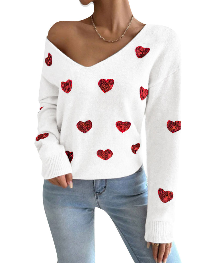 Dame oversized sweater med dyb V-hals og hjerte motiv Stilla