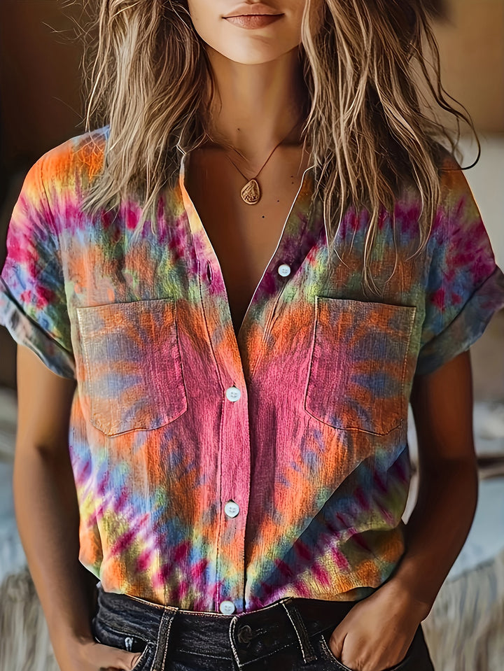 Dame Tie-Dye Button-Up Skjorte med Lomme Detalje Stilla