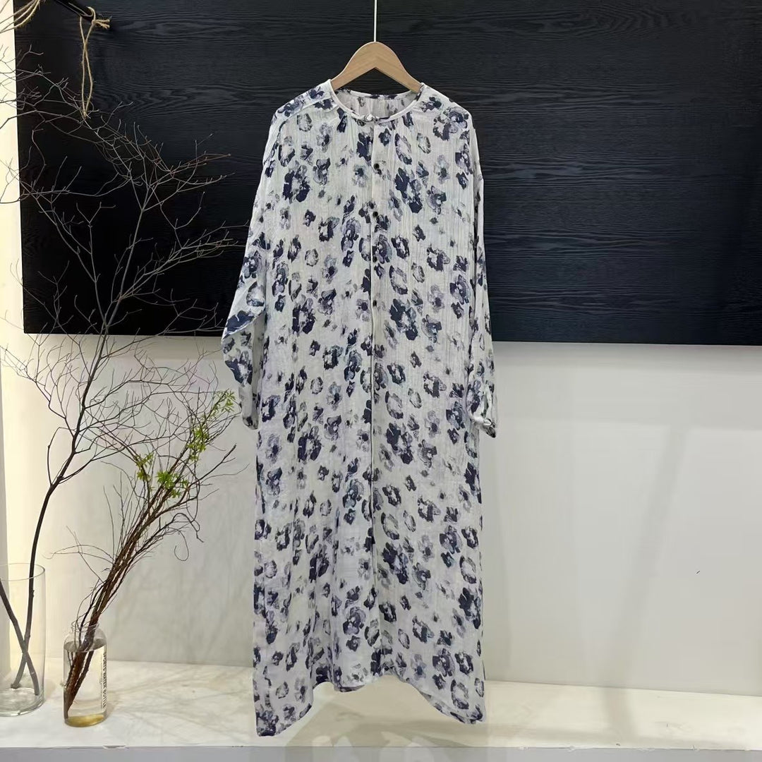 Dame Floral Print Lange Knaplukning Kjole Stilla